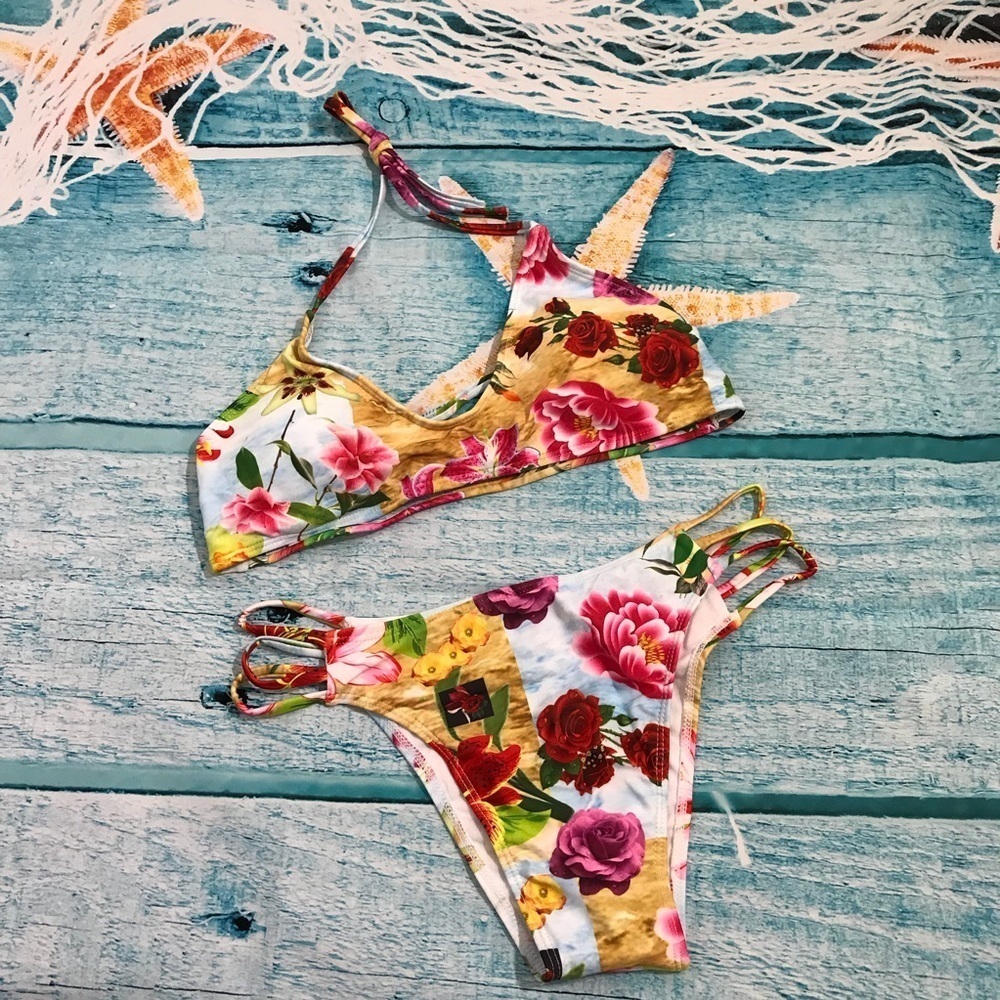 Floral neck tie strappy bikini swimsuit - Picture 2 of 8